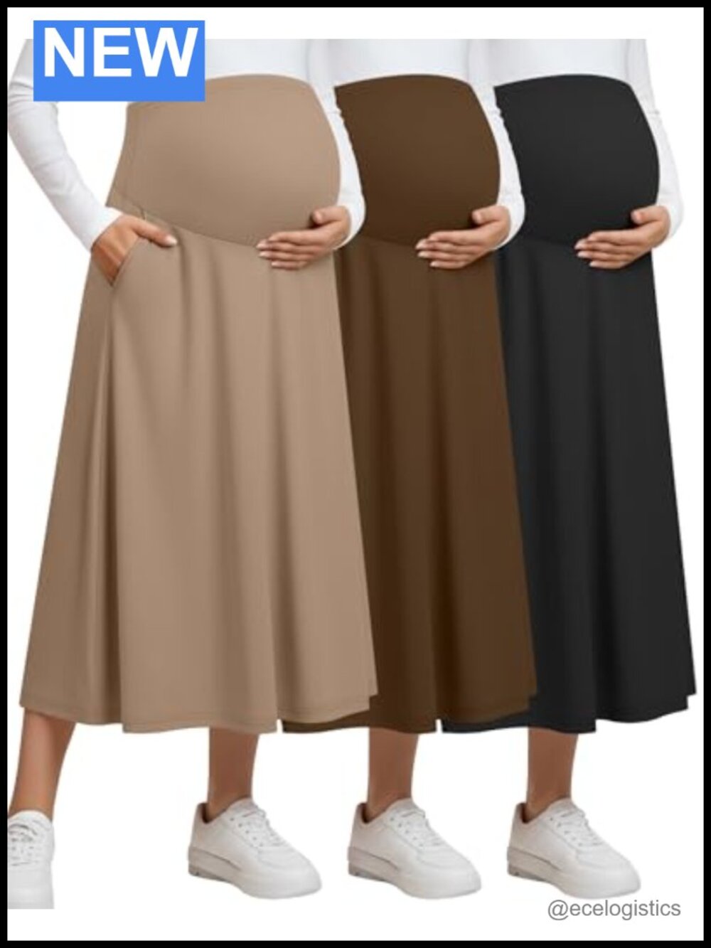 3 Pack Maternity Maxi Long Skirts with 2 Pockets, A-Line, High Waist, Ankle